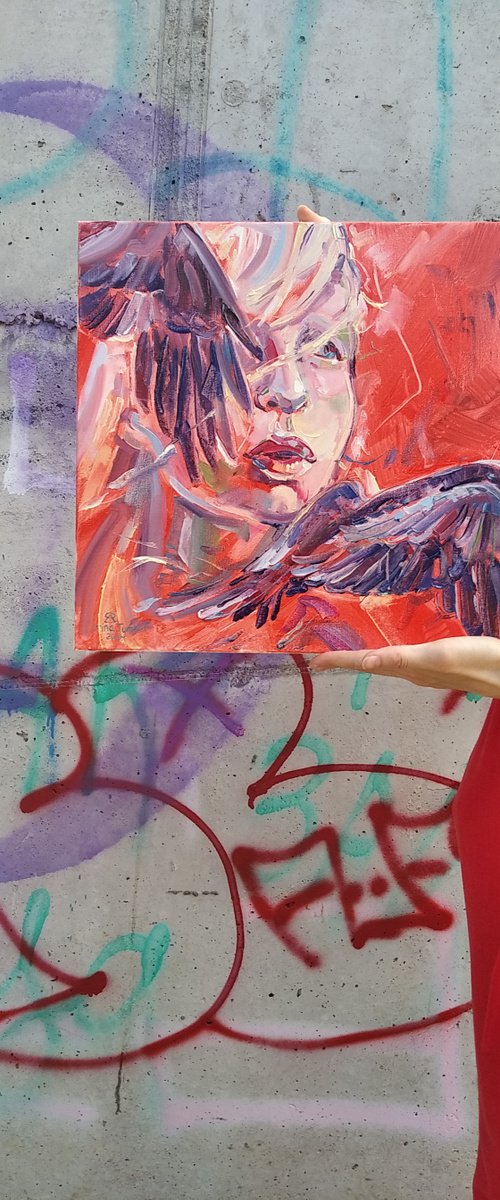 Black pigeons Portrait of a blonde on a red by Iryna Tymkul