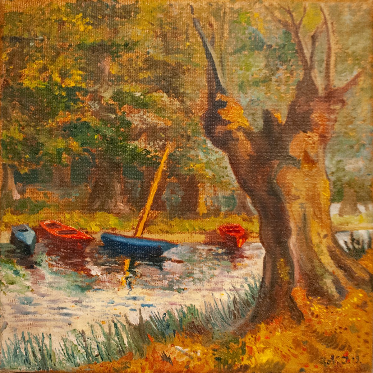 Impressionistic Landscape Oil Painting By Nikola Ivanovic, 8 X 8", Reflection Ii, Original Artwork