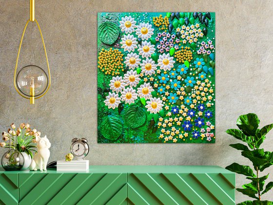 Daisies and forget-me-nots in colorful summer garden. Flowers bas-relief, mosaic