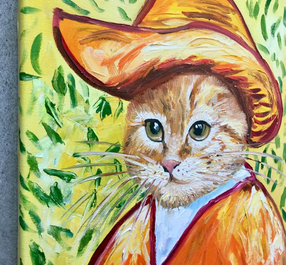 Satisfied  Cat La Van Gogh in a straw hat FELINE ART FOR CAT LOVERS GIFT IDEA
