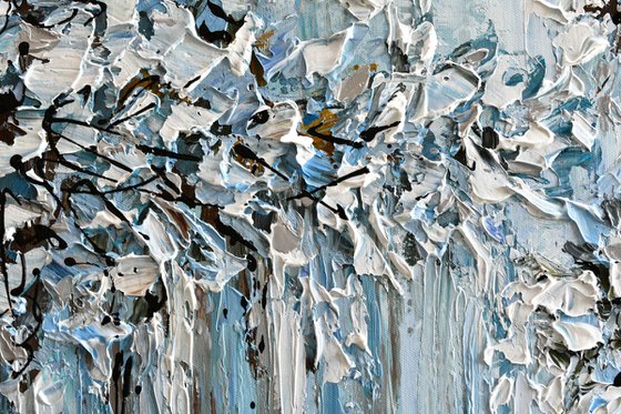 Winter Glow - Textured Abstract Silver, White, Blue Painting, Palette Knife Art