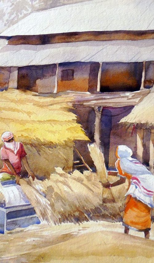 Bengal Village Harvest Time-Watercolor on Paper painting by Samiran Sarkar