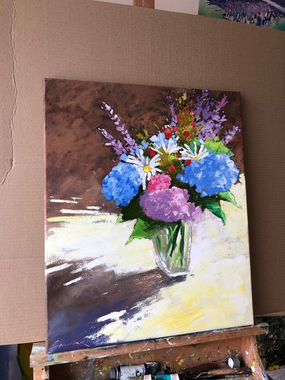 Bouquet flowers in vase, still life painting with flowers