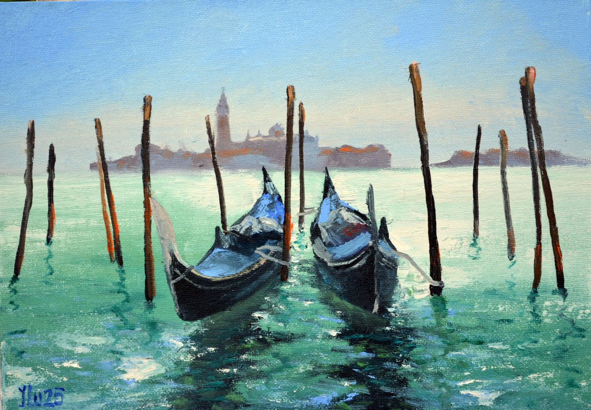 Impressionistic Landscape Oil Painting By Elena Lukina, 12 X 8, Venetian Gondolas 3, Original Artwork