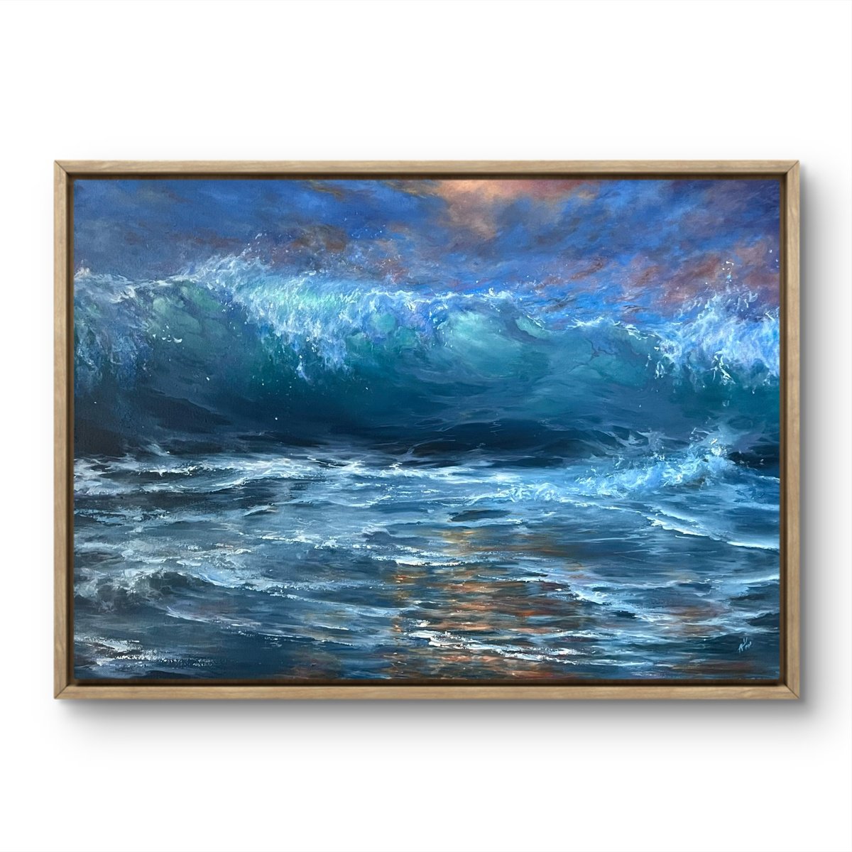 Photorealistic Landscape Oil Painting By Alesia Yeremeyeva, 35 X 25, Stormy Evening - Breaking Wave, Original Artwork