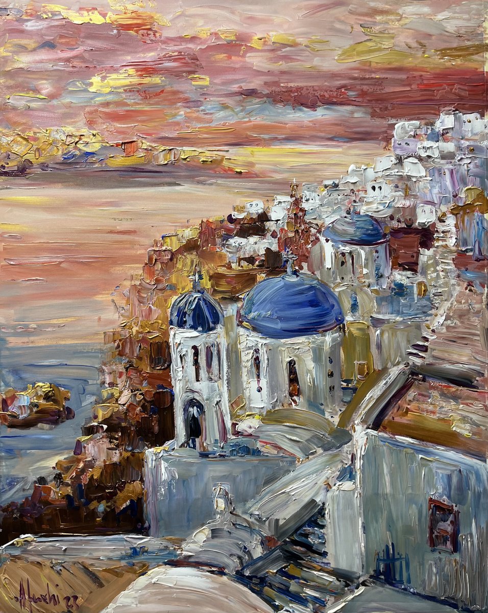 Impressionistic Landscape Acrylic Painting By Altin Furxhi, 28 X 36, Santorini Golden Sunset., Original Artwork