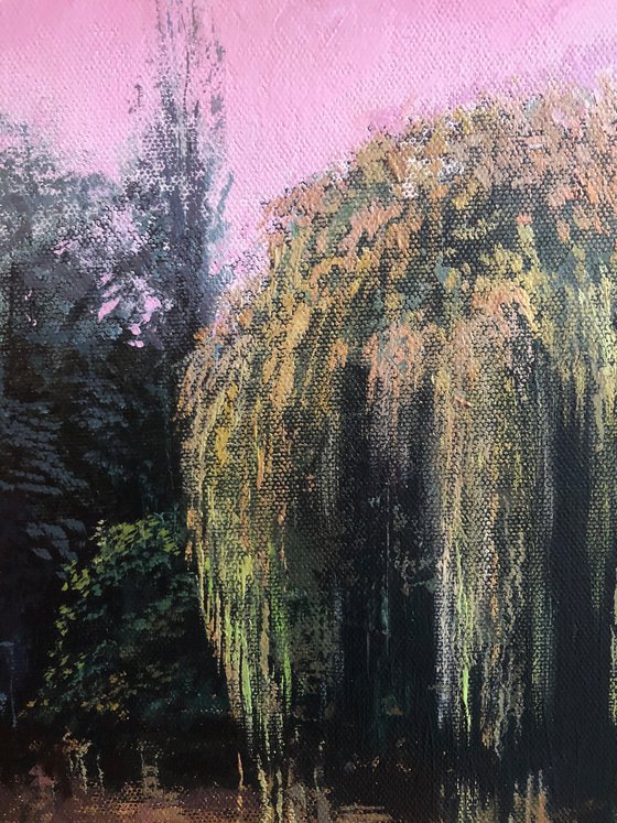 'The Elsham Willow II' Summer Peaceful Tree Reflections in Lake Impressionist Style Oil Painting