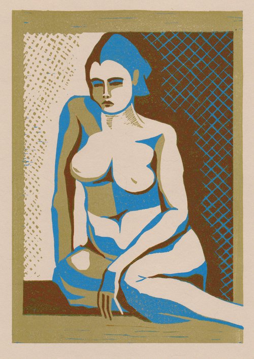 Nude Seated (Straw, blue & brown colourway on coloured paper) by Alison Pearce