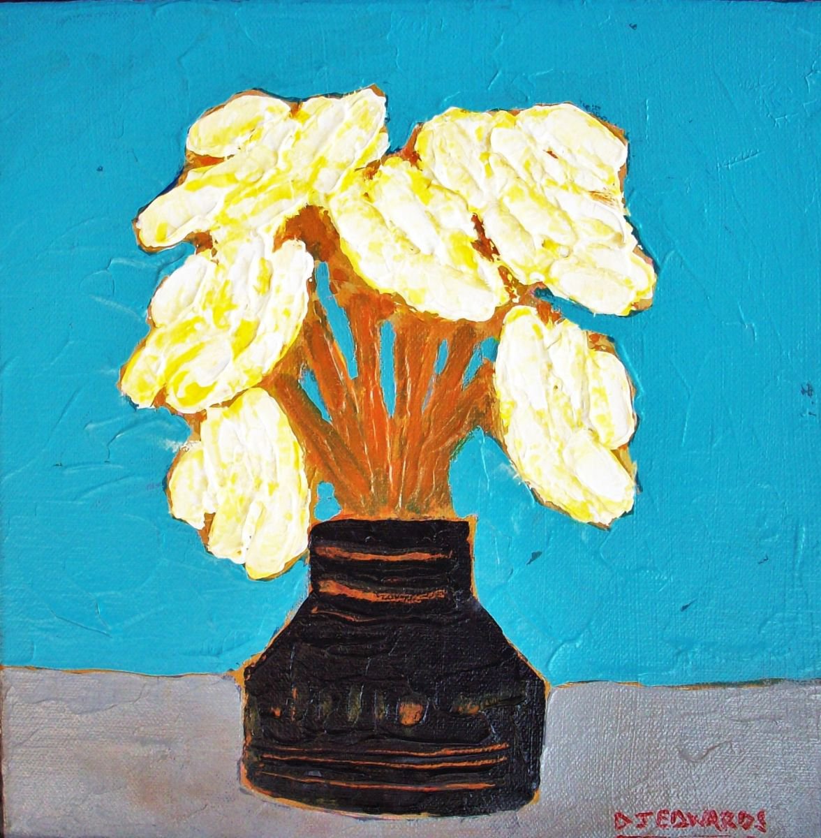 Impressionistic Still Life Acrylic Painting By David J Edwards, 12 X 12, Old Black Vase, Original Artwork