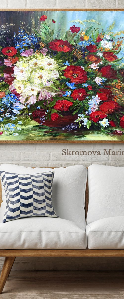 SUMMER WILDFLOWERS - Summer still life. Beautiful bouquet. Wildflowers. Red poppies. Wild daisies. Lush. Colorful. by Marina Skromova