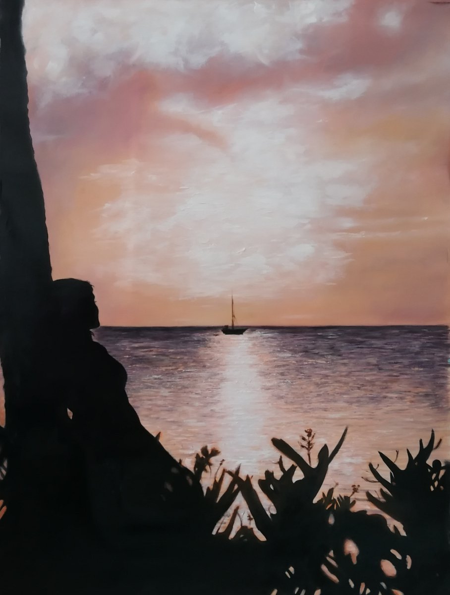 Photorealistic Landscape Oil Painting By Nelaart, 24 X 31", Girl And Ocean, Original Artwork