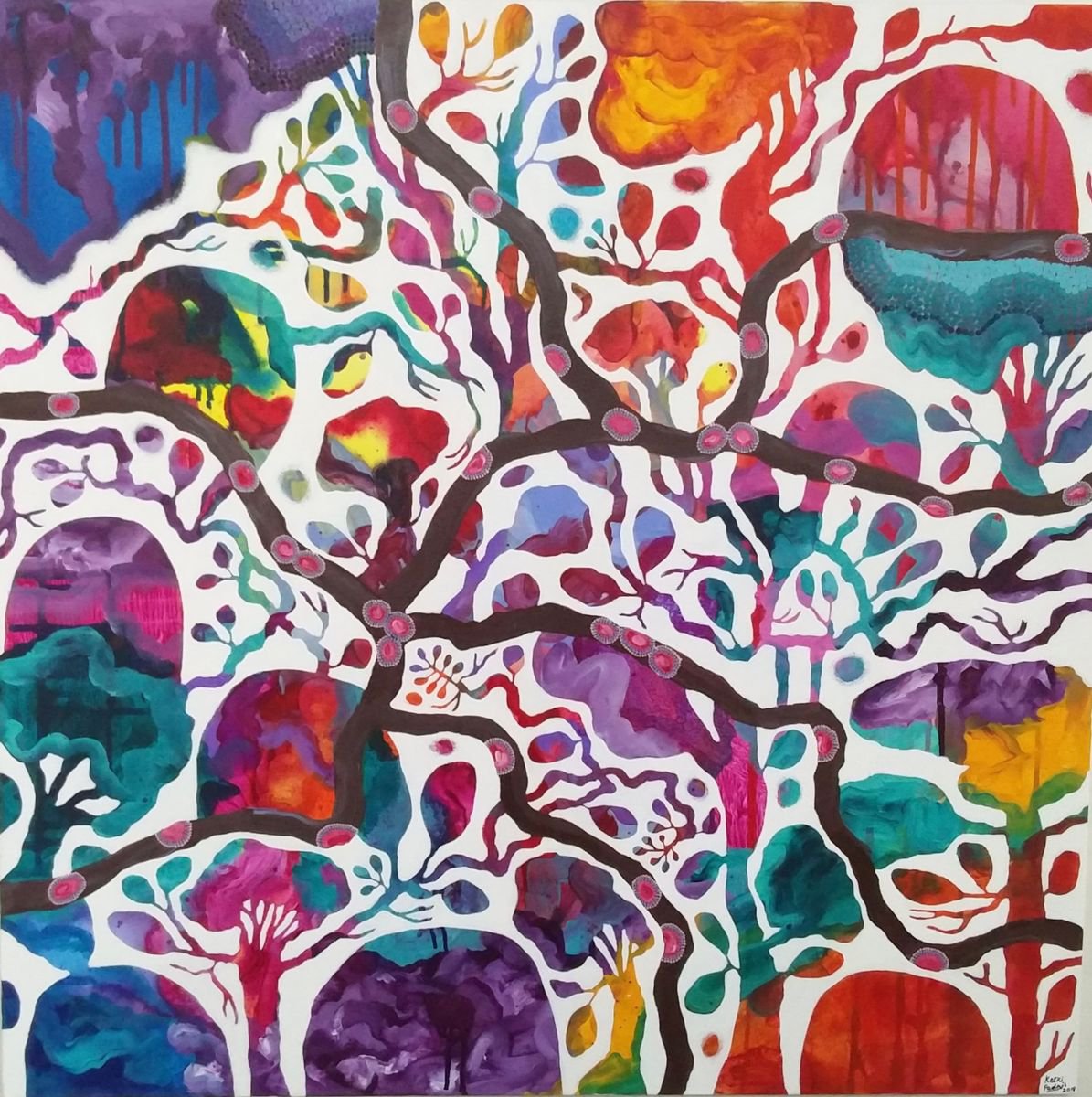 Naive Landscape Acrylic Painting By Ketki Fadnis, 36 X 36", The Light Before The Dusk, Original Artwork