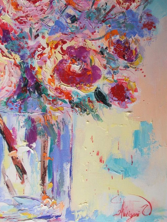 Morning Joy III-Roses oil painting-Still life roses