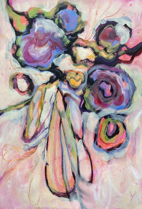 HAPPY YOU ARE HERE- mixed media A3 abstract flowers painting on paper