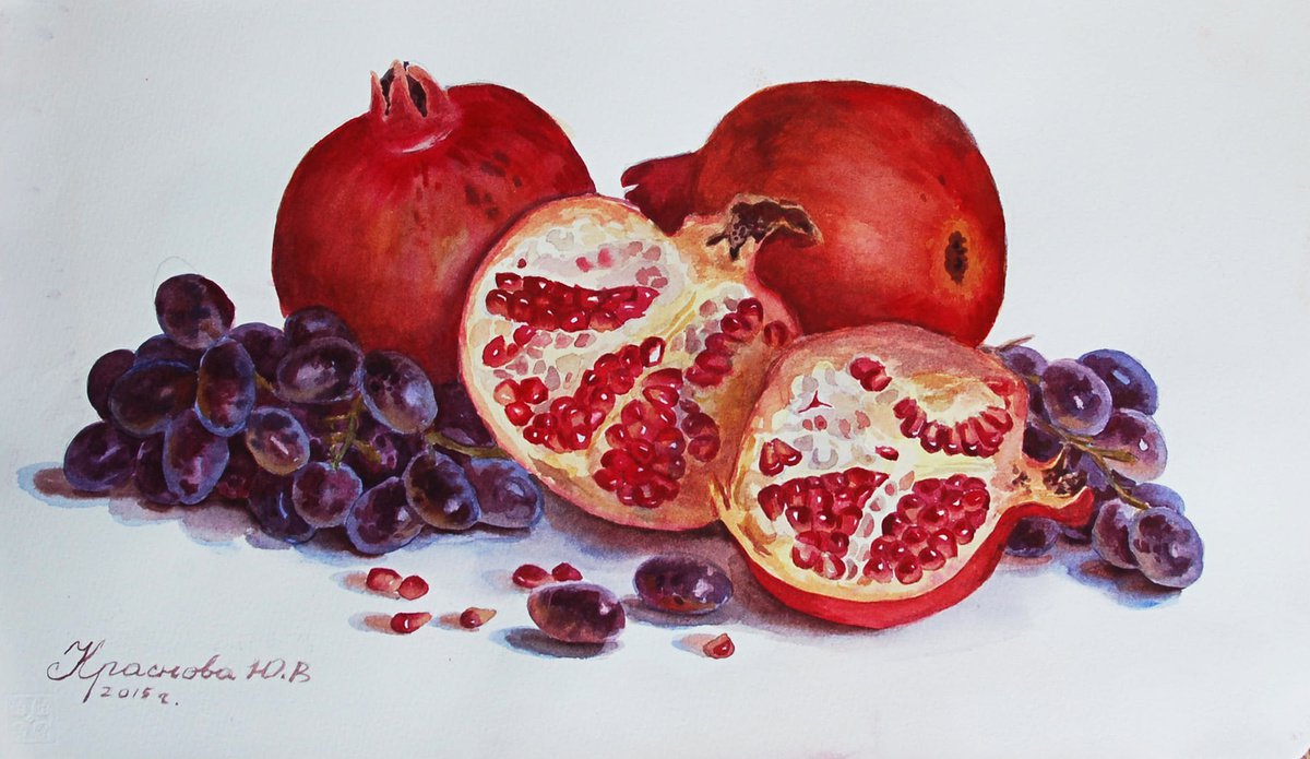 Photorealistic Botanical Watercolour By Yulia Krasnov, 16 X 10", Pomegranates And Grapes, Original Artwork