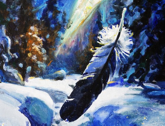 Falling Feather In Winter Forest