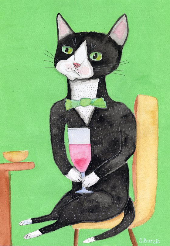 Tuxedo Cat drinking red wine on a Date Gentleman