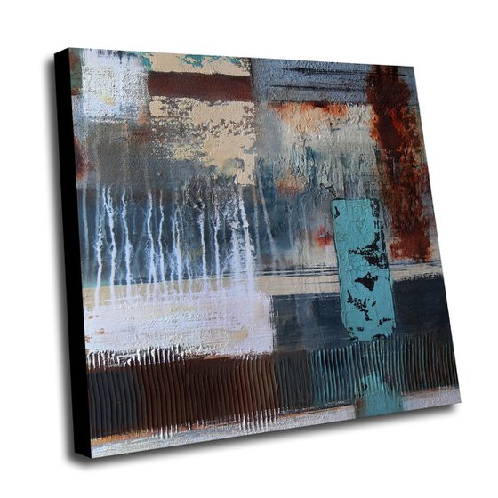 ABSTRACTION * 70 x 70 cms -  ABSTRACT ARTWORK - PAINTING - WITH STRUCTURES - OFF-WHITE BLUE RUST