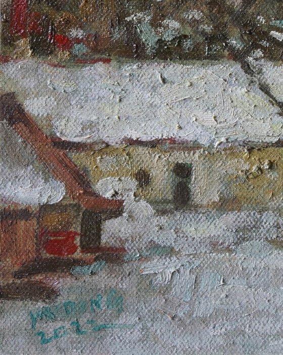 Original Oil Painting Wall Art Signed unframed Hand Made Jixiang Dong Canvas 25cm × 20cm Landscape Snowy Farm near Prague Small Impressionism Impasto