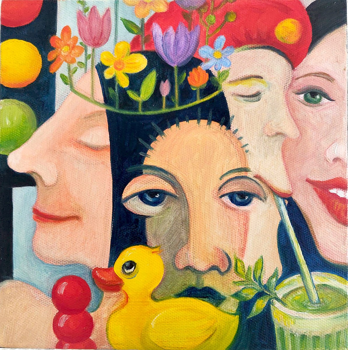 Urban And Pop Portrait Oil Painting By Vio Valova, 6 X 6", Mojito Blues, Original Artwork