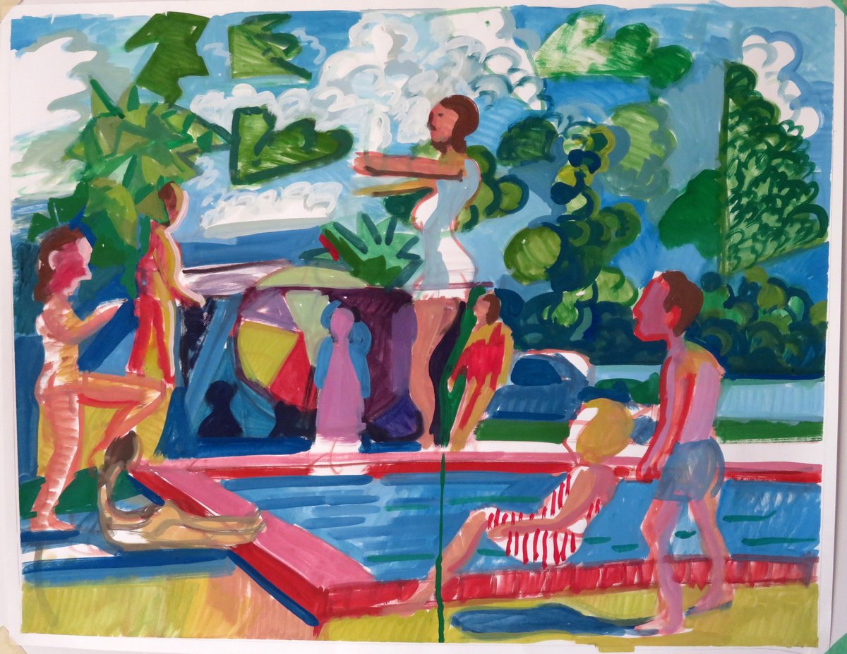 Impressionistic Landscape Painting By Stephen Abela, 28 X 22", Pool Scene - Abstracted, Original Artwork