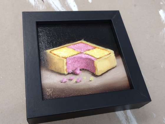 Little Battenberg cake slice still life