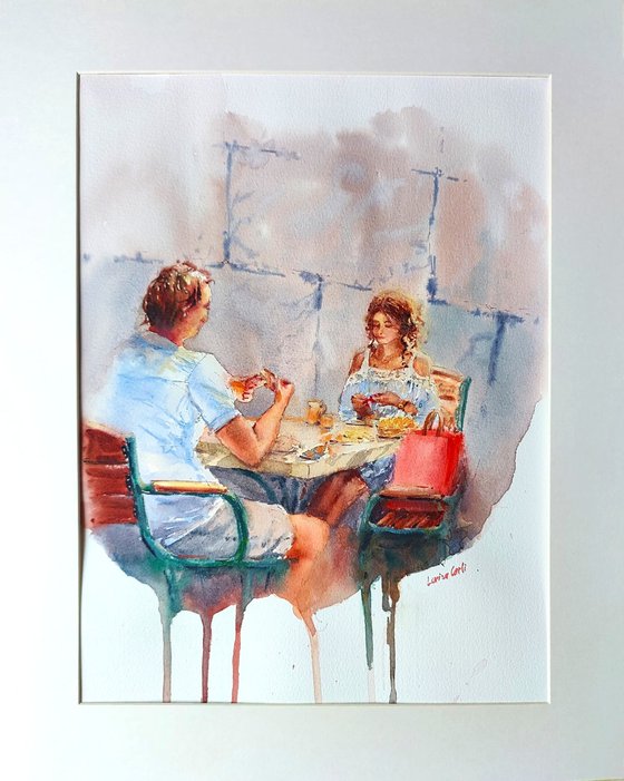 Summer breakfast | Original watercolor painting (2023) | Original Hand-painted Art Small Artist | Mediterranean Europe Impressionistic