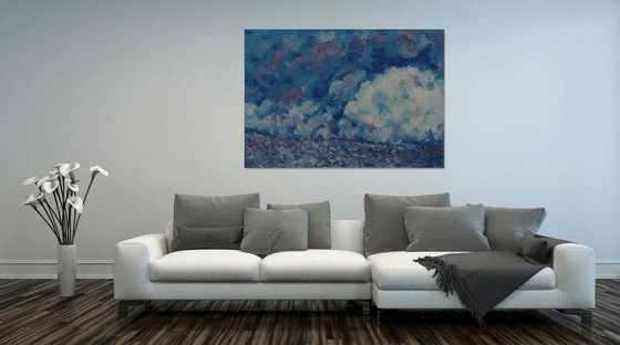 CLOUDS IN HIMALAYAS - large original impressionistic painting, blue sky landscape, skyscape cloudscape