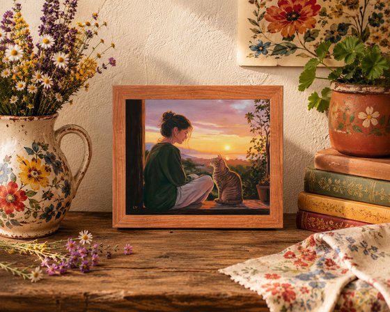 Girl watching the sunset with her tabby cat