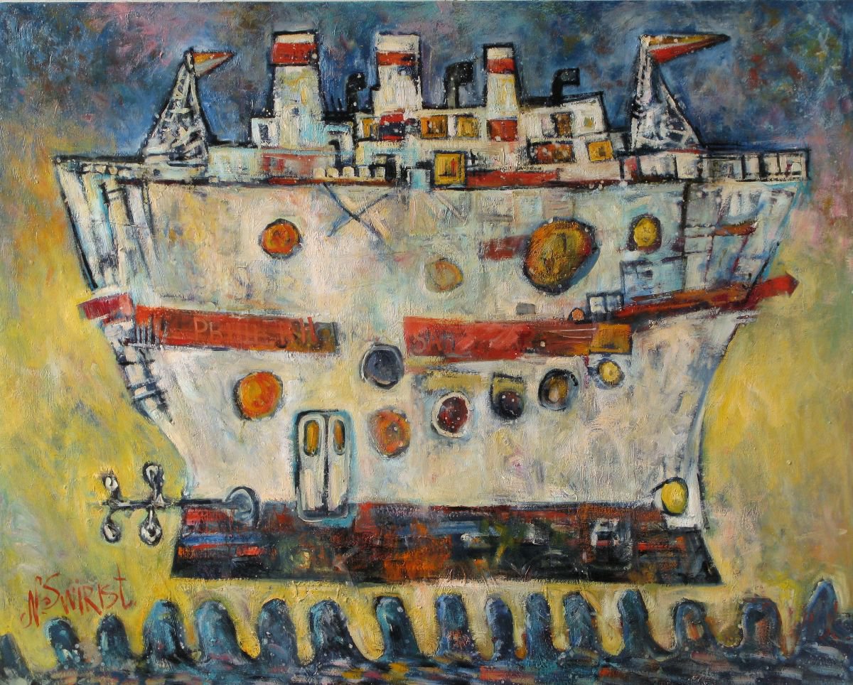 Expressive Transport Oil Painting By Nikifor Swiristuhin, 39 X 31", Cruiser Ship 5., Original Artwork