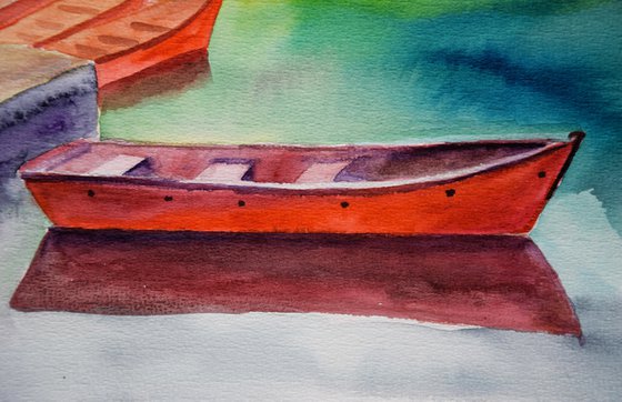 Mountains Painting, Boat on the Lake Original Watercolor Painting, Landscape Wall Art