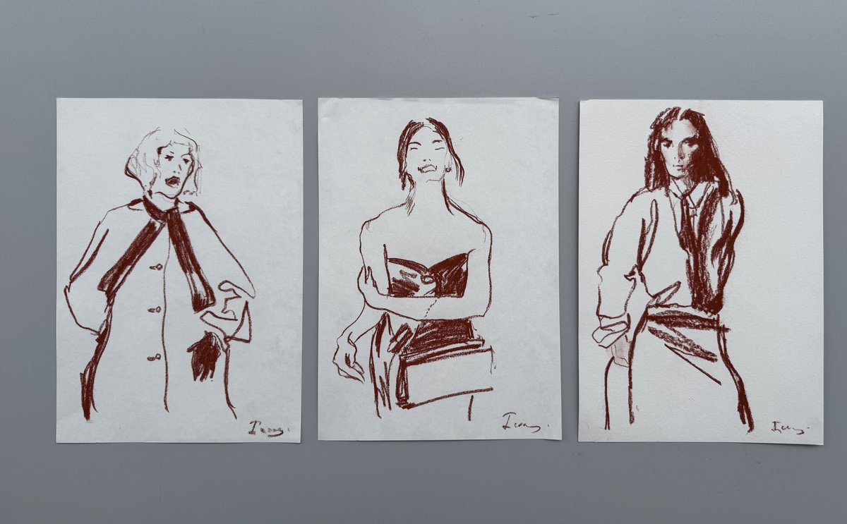 Impressionistic Portrait Charcoal Drawing By Irina Zelenina, 24 X 16, Set Of Three Original Sketches, Original Artwork