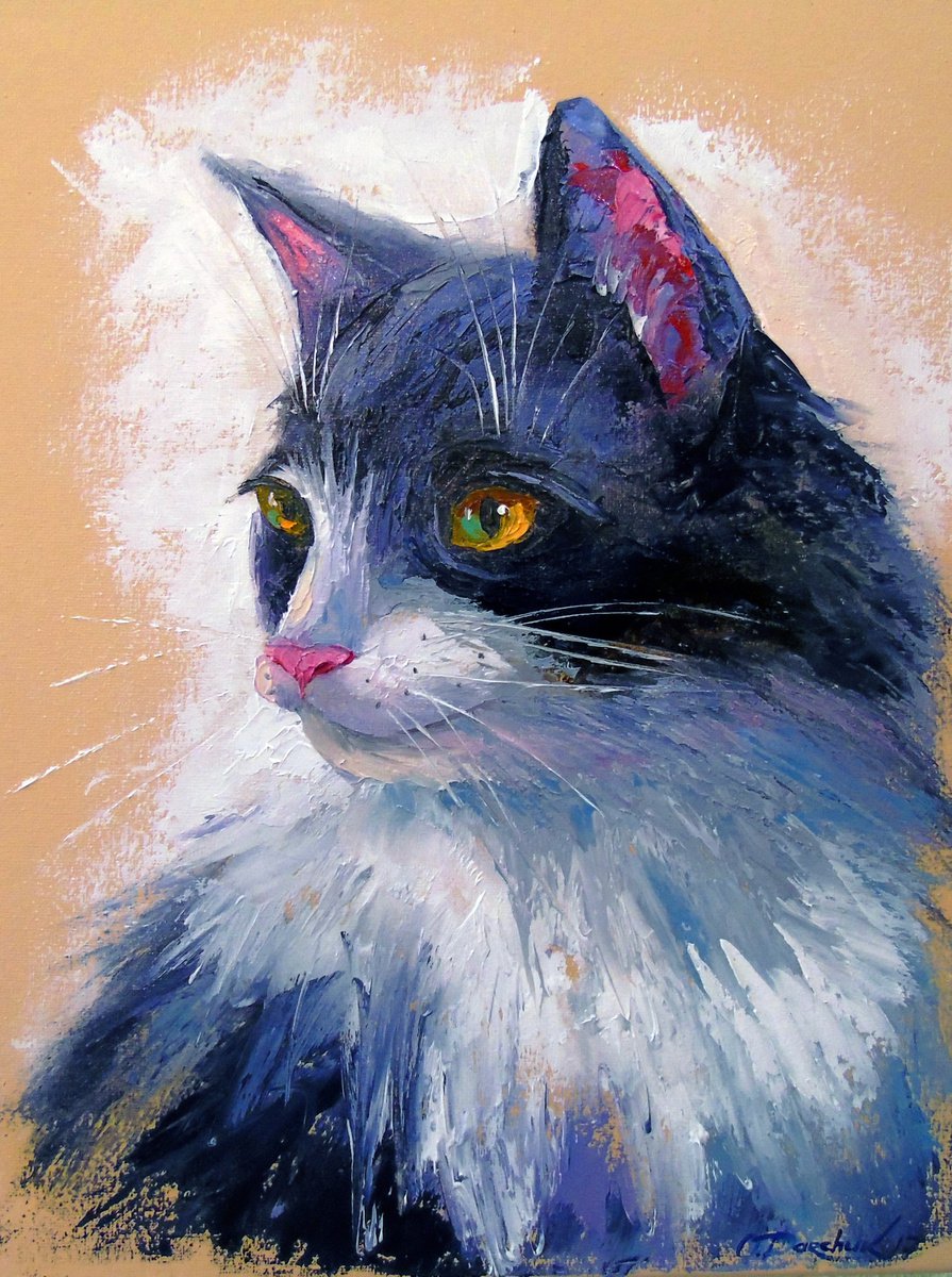 Impressionistic Animal Oil Painting By Olha Darchuk, 12 X 16", My Favorite Cat, Original Artwork