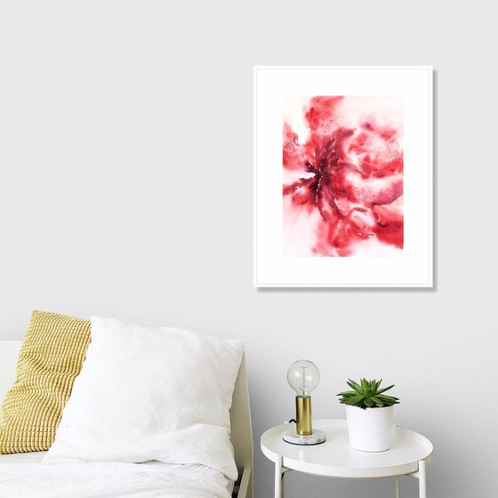 Red flower, bright floral watercolor painting