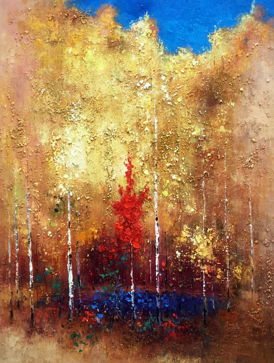 Impressionistic Landscape Oil Painting By Kunlong Wang, 24 X 31", White Birch Forest, Original Artwork