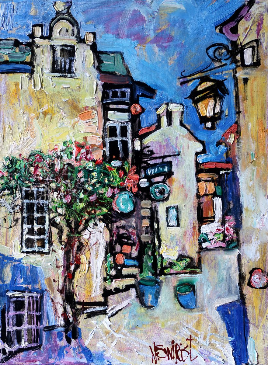 Impressionistic Cityscapes Oil Painting By Nikifor Swiristuhin, 12 X 16", Sun In Rochefort En Terre., Original Artwork