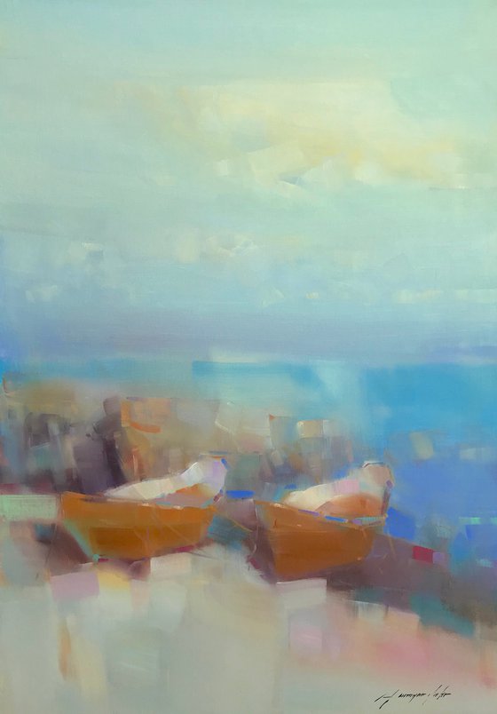 Boats on the Shore, Original oil painting, Handmade artwork, One of a kind