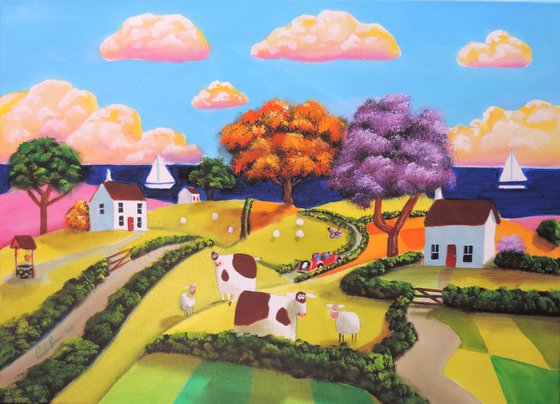 Seaside houses seaside sheep & cow painting