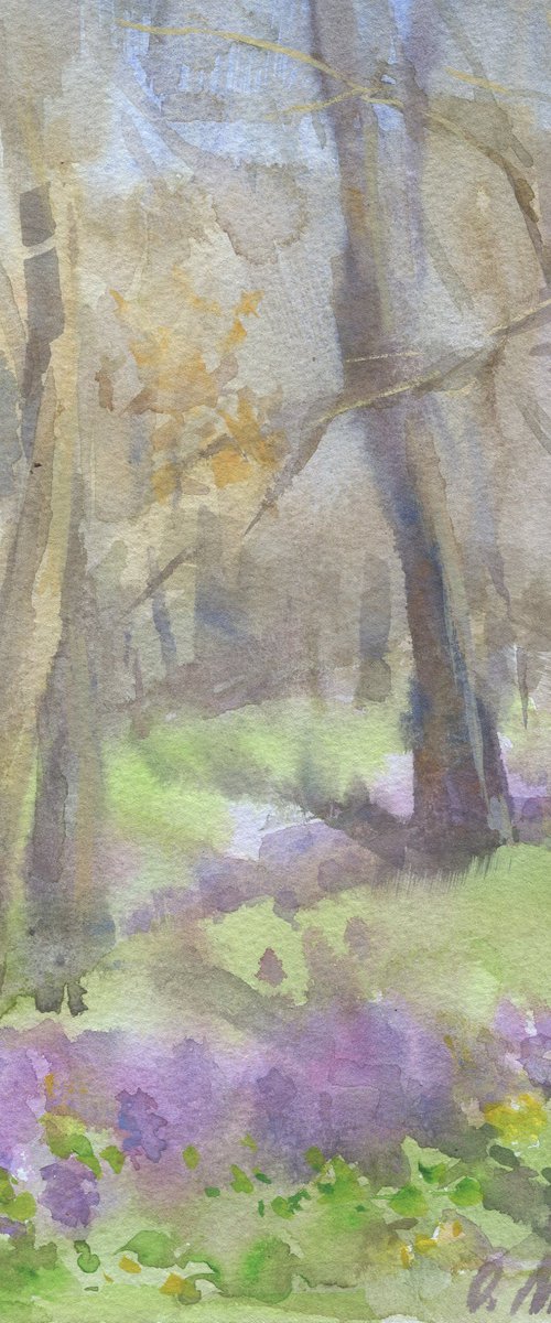 Forest sketch. Lilac wild flowers / Original watercolor picture Spring season tree Landscape painting by Olha Malko