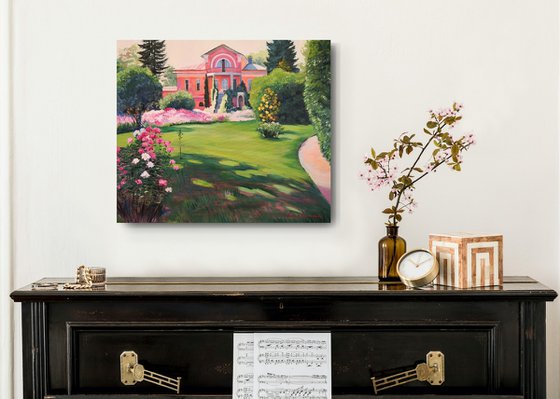 Impressionist landscape with a Manor and a Garden full of roses
