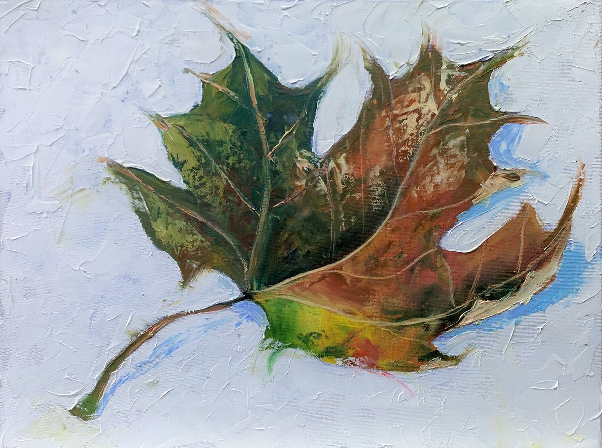 Impressionistic Botanical Oil Painting By Vita Schagen, 16 X 12", Autumn, Maple Leaf., Original Artwork