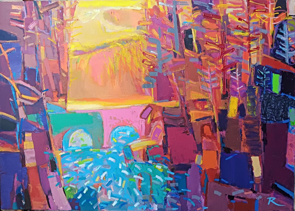 Expressive Landscape Acrylic Painting By Ruslan Khais, 48 X 34", Pink Bridge Over Trouble Water, Original Artwork