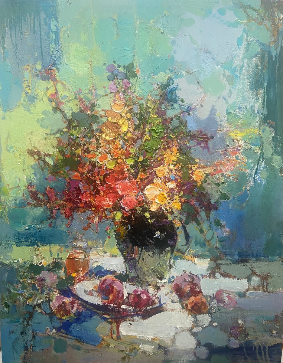 Impressionistic Botanical Oil Painting By Kunlong Wang, 31 X 39", Flowers In Vase T246, Original Artwork