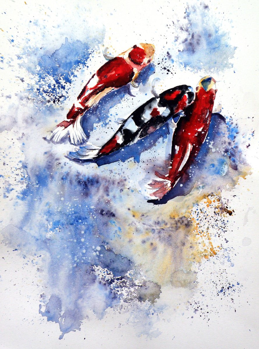 Impressionistic Animal Watercolour By Kovacs Anna Brigitta, 12 X 16", Koi Fish, Original Artwork