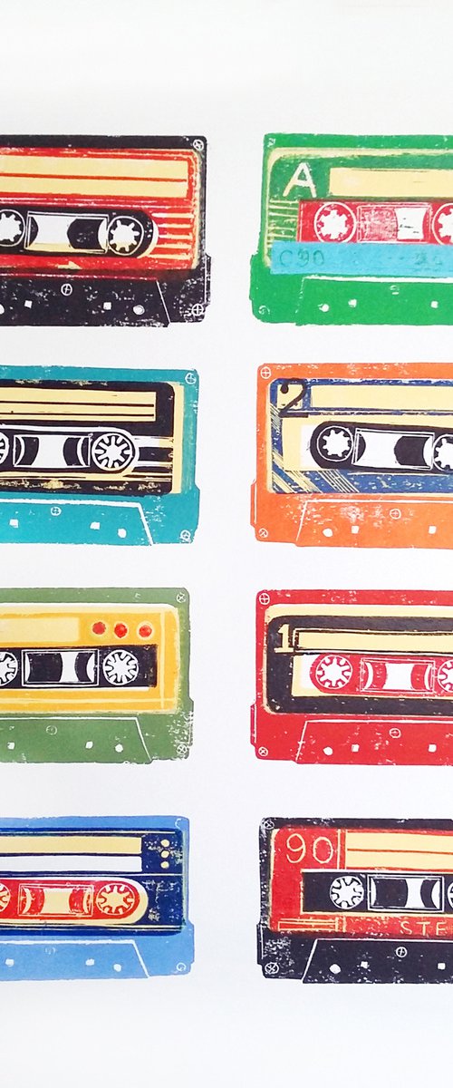 Linocut tapes #30 (cassette tapes, retro music, 70's, 80's rock culture) by Carolynne Coulson