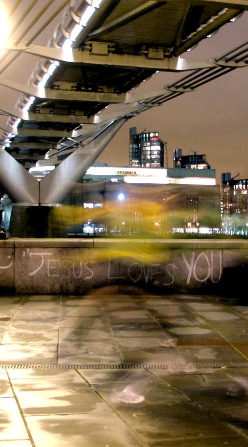 ;-) JESUS LOVES YOU  (Underneath Millennium Bridge LONDON) 1/20 9"x12" by Laura Fitzpatrick