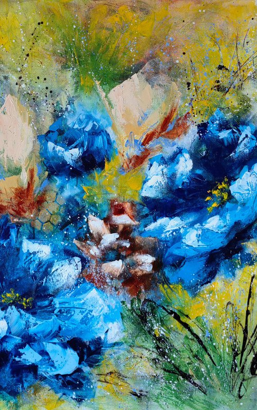 "Dance of the Flowers" from "Colours of Summer" collection, XL abstract flower painting by Vera Hoi