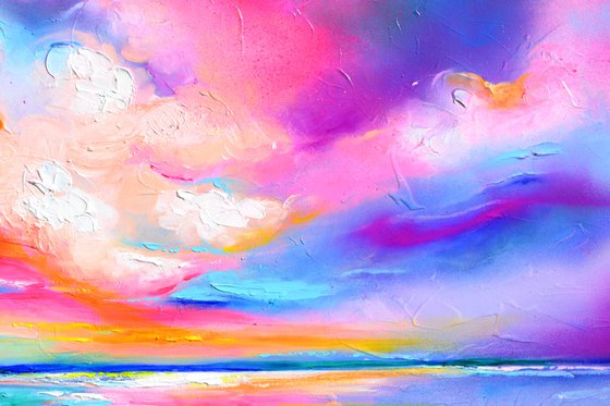 New Horizon 170 - 140x80 cm, Colourful Seascape, Sunset Painting, Impressionistic Colorful Painting, Large Modern Ready to Hang Abstract Landscape, Pink Sunset, Sunrise, Ocean Shore