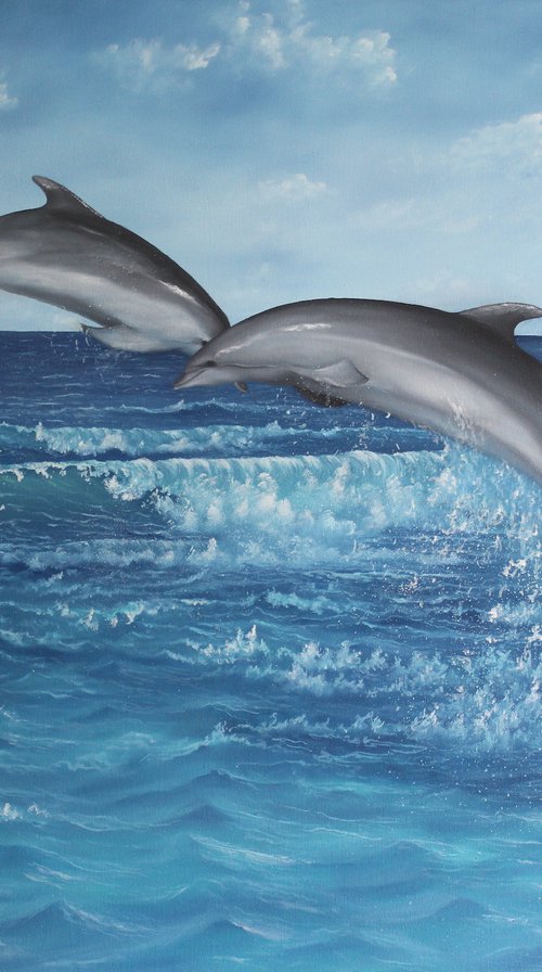 Sea waves and dolphin by Goutami Mishra