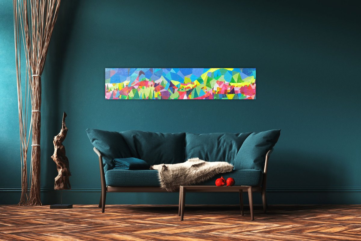 Geometric Landscape Acrylic Painting By Franziska Scherer, 52 X 13, Bergdorf (Mountain Village), Original Artwork